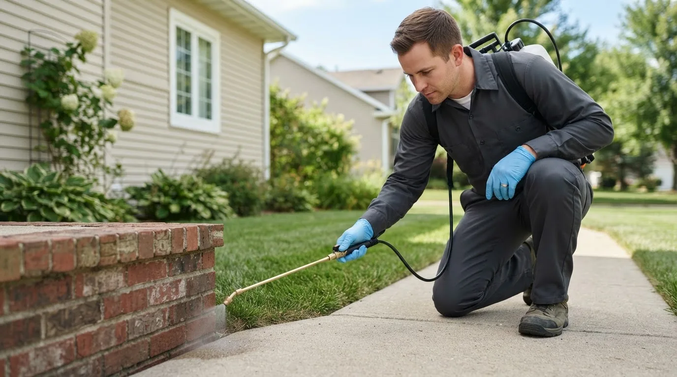 Pest control technician treating a home near Bell City, MO
