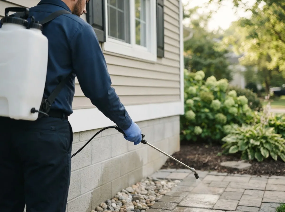 Pest control technician inspecting a home in Bell City, MO